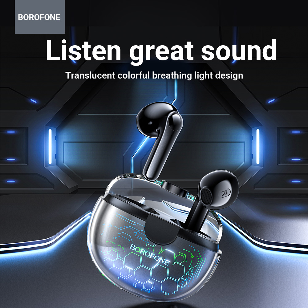 BOROFONE BW15 TWS Bluetooth Earphone True Wireless Headset Earbud Translucent Earphones Wireless Bluetooth 5.3 Touch Control Earbuds Built-In Microphone Sports Headset In-Ear Earphones For All ios /Android Mobile Phone