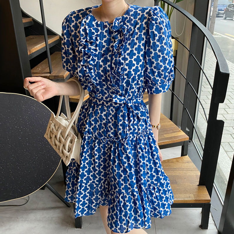 韩国复古小众圆领花朵印花系带收腰拼接荷叶边泡泡袖连衣裙女