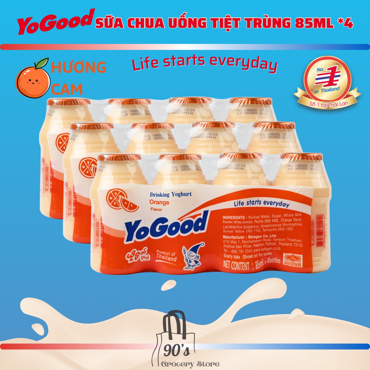 90 s Grocery Store SỮA CHUA UỐNG TIỆT TRÙNG YOGOOD 85ML 4 CAM
