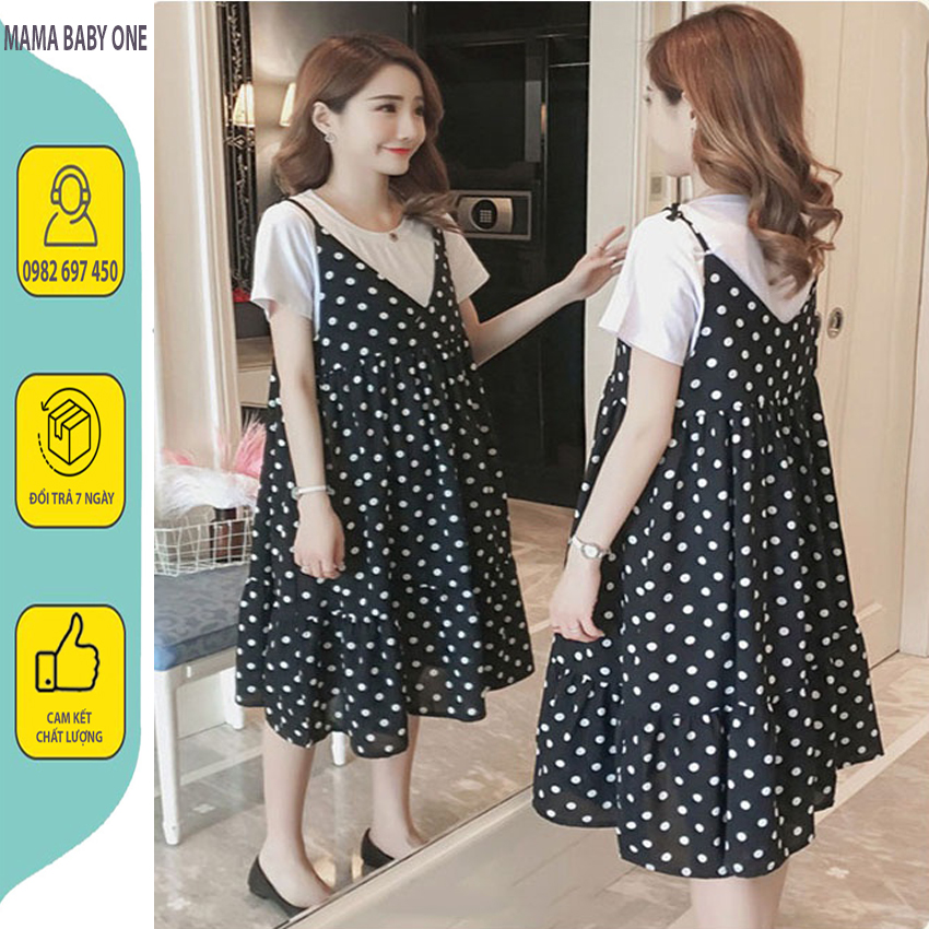 Đầm bầu công sở yếm chấm bi hàng đẹp - váy bầu đẹp sang.