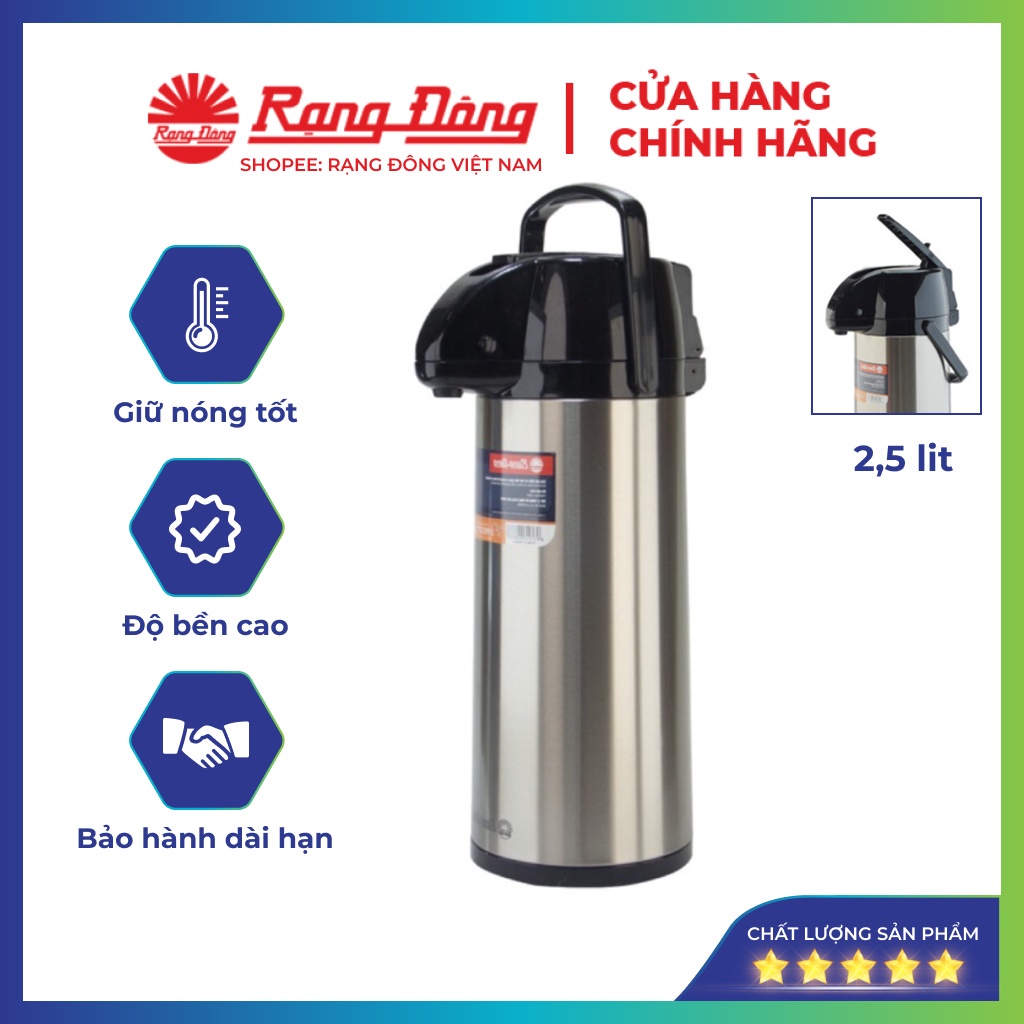 Phích Nước Rạng Đông 2,5 Lít, Inox Cao Cấp, Bình Thuỷ Cần Bơm Pha Cafe, Model Rd 2545 St1.E