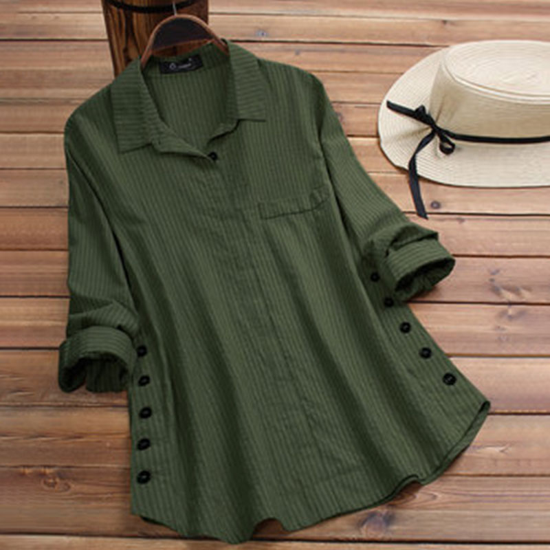 XIANG NIAN NI women's shirt New women's solid color striped button cotton and linen fake pocket striped long-sleeved long shirt top