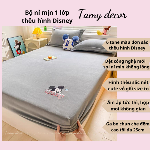 Bộ ga gối nỉ nhung sữa hình Disney Tamy Decor bộ ga nỉ mịn bọc đệm không rụng lông bai màu mềm mại mịn màng