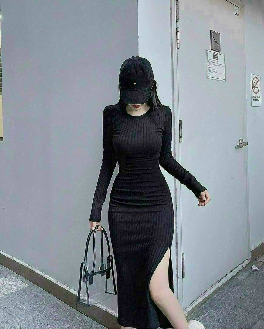 Đầm thun ôm body màu đen, đầm tay dài ôm eo, váy nữ đen xẻ tà, đầm ôm xẻ tà mặc đi chơi, đầm thun gân Hàn Quốc sang chảnh