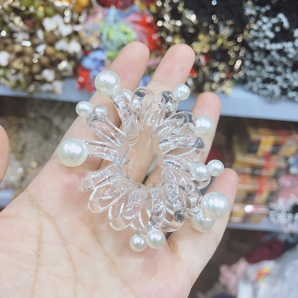 01 Dây cột tóc lò xo trắng trong đính hạt trân châu xinh xắn Phụ Kiện 68