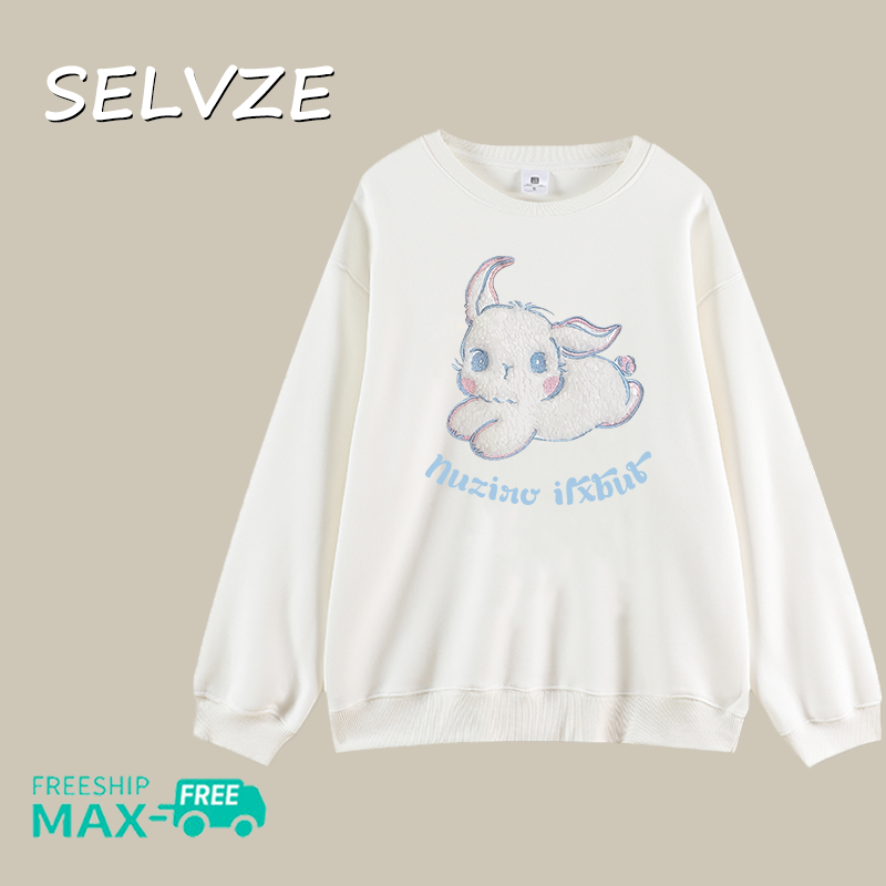 SELVZE Love The Bunny Pattern Autumn Crew-neck Oversize Long-sleeved Hoodie for Woman