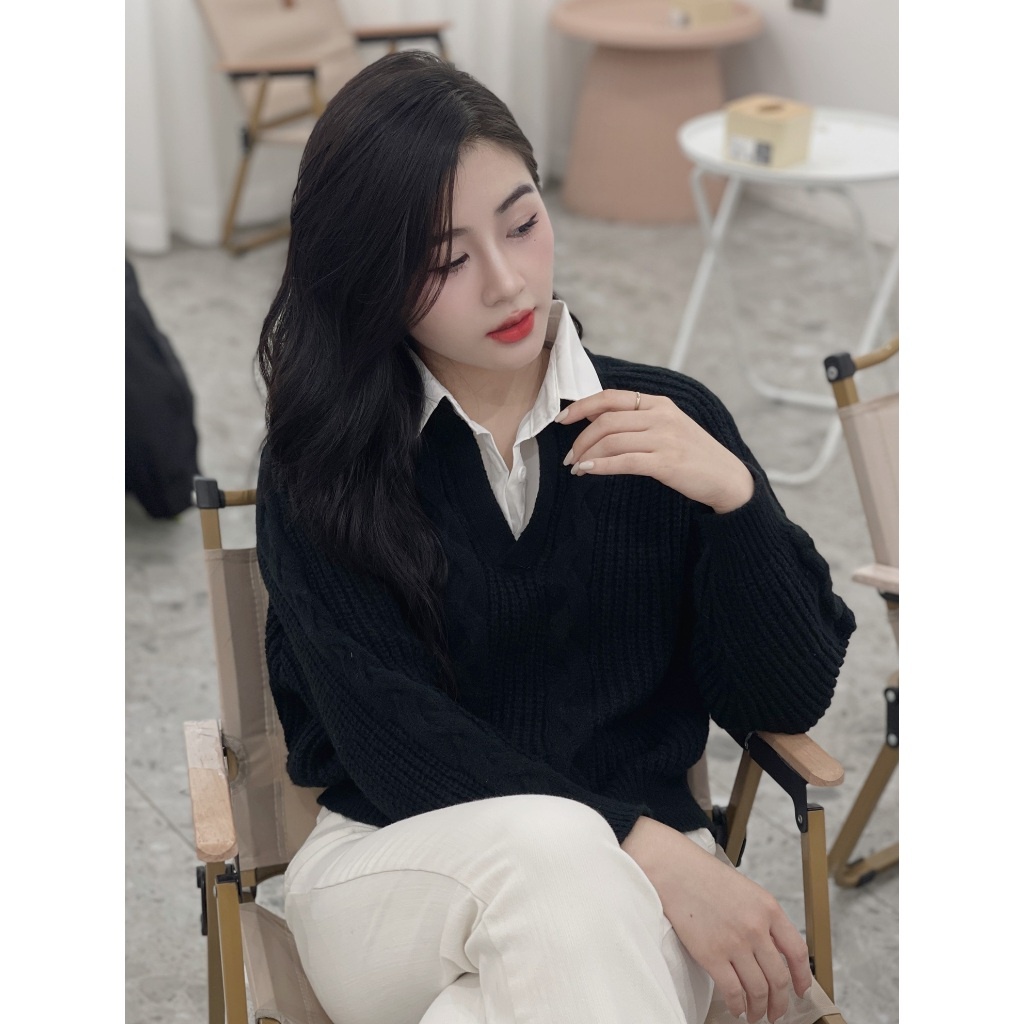 Áo len nữ kiểu vặn thừng phối cổ sơ mi trắng phong cách trẻ trung lịch sự phù hợp mọi lứa tuổi BY JOLIE