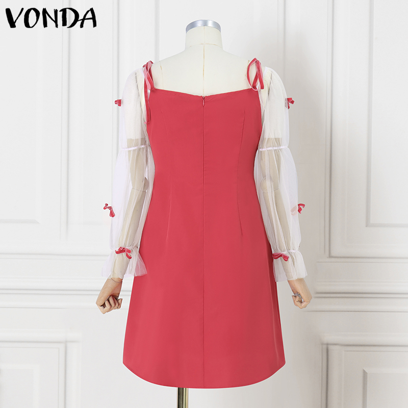 VONDA%20Women's%20Girlish%20Lantern%20Sleeve%20Contrast%20Color%20Dress%20Bowknot%20A-Line%20Versatile%20Daily%20Sundress%20(Korean%20Causal)%20-%20Image%206