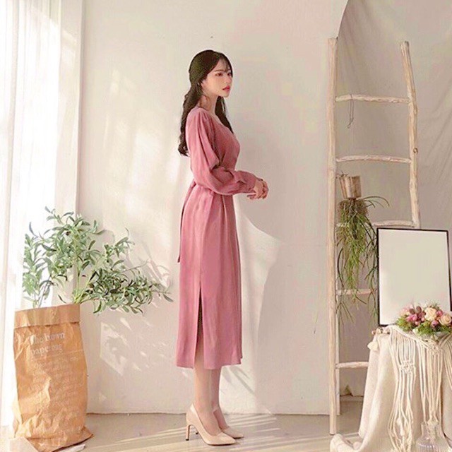 Đầm hồng ruốc tay dài
