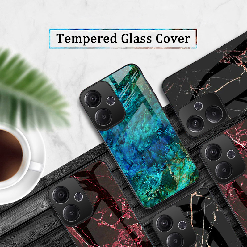 For Xiaomi Poco M6 Case Fashion Marble Tempered Glass Protector Soft Frame Silicon For Xiaomi Poco M6 4G Back Cover Phone Cases.