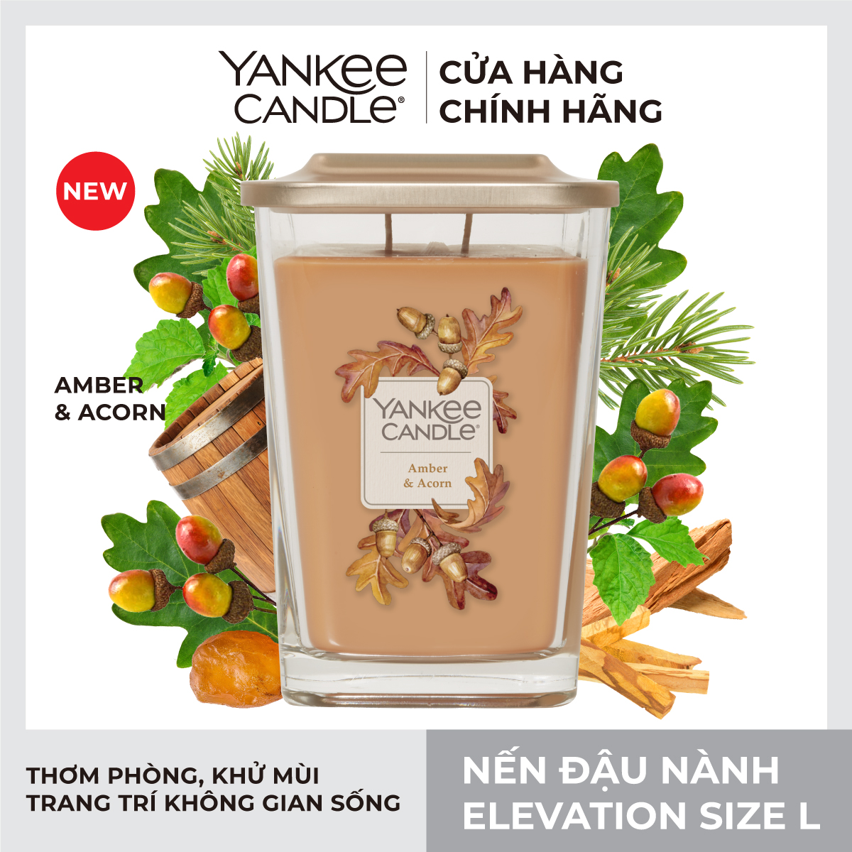 Nến ly vuông Elevation Yankee Candle size L - Amber & Acorn
