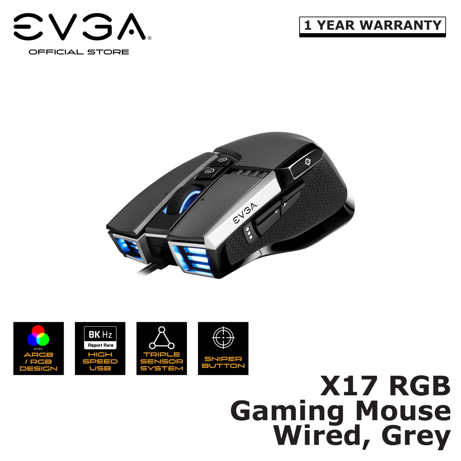 EVGA X17 Gaming Mouse, Wired, Black / Grey , Customizable, 16,000