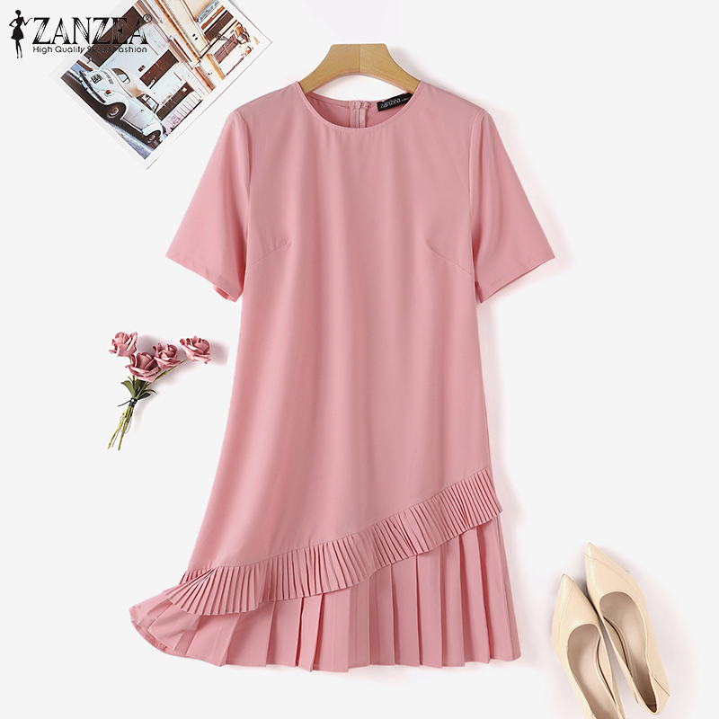 ZANZEA%20Korean%20Style%20Women's%20Dresses%20Commute%20Fashion%20Short%20Sleeve%20O%20Neck%20Patchwork%20Plain%20A-Line%20Dress%20-%20Image%206