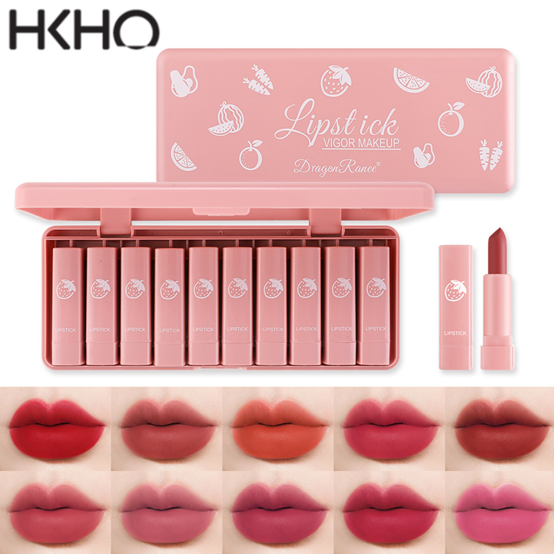 HKHO Mini 10 Colors matte Lipstick Non-stick Long Lasting Velvet fog Lipstick Lip Gloss Cosmetic Makeup Care