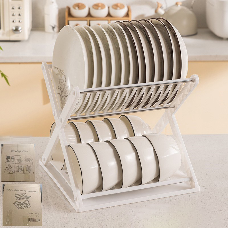 X-shaped plastic dish rack kitchen double shelf household dish drain rack multifunctional dish storage rack Save space