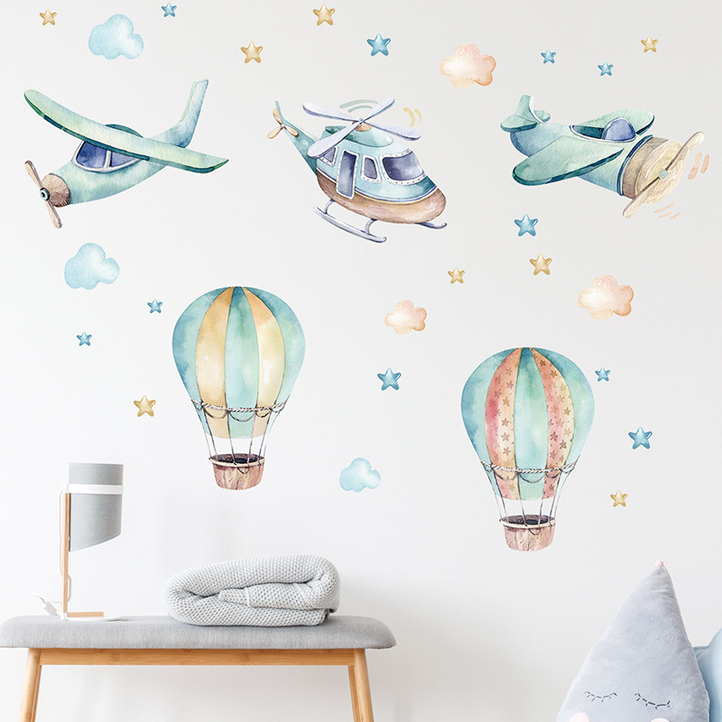 【Folio & Light】Watercolor Cartoon Animals Hot Air Balloon Wall Stickers ...