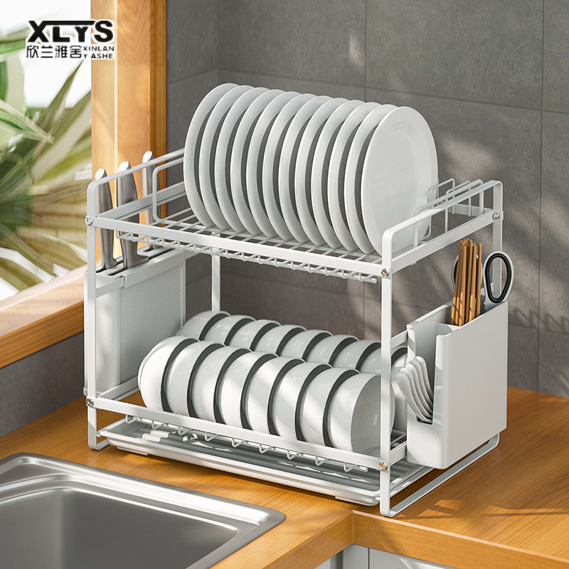 Kitchen shelves: double bowl rack with chopsticks storage drain rack, kitchen drain rack, dish storage dish rack