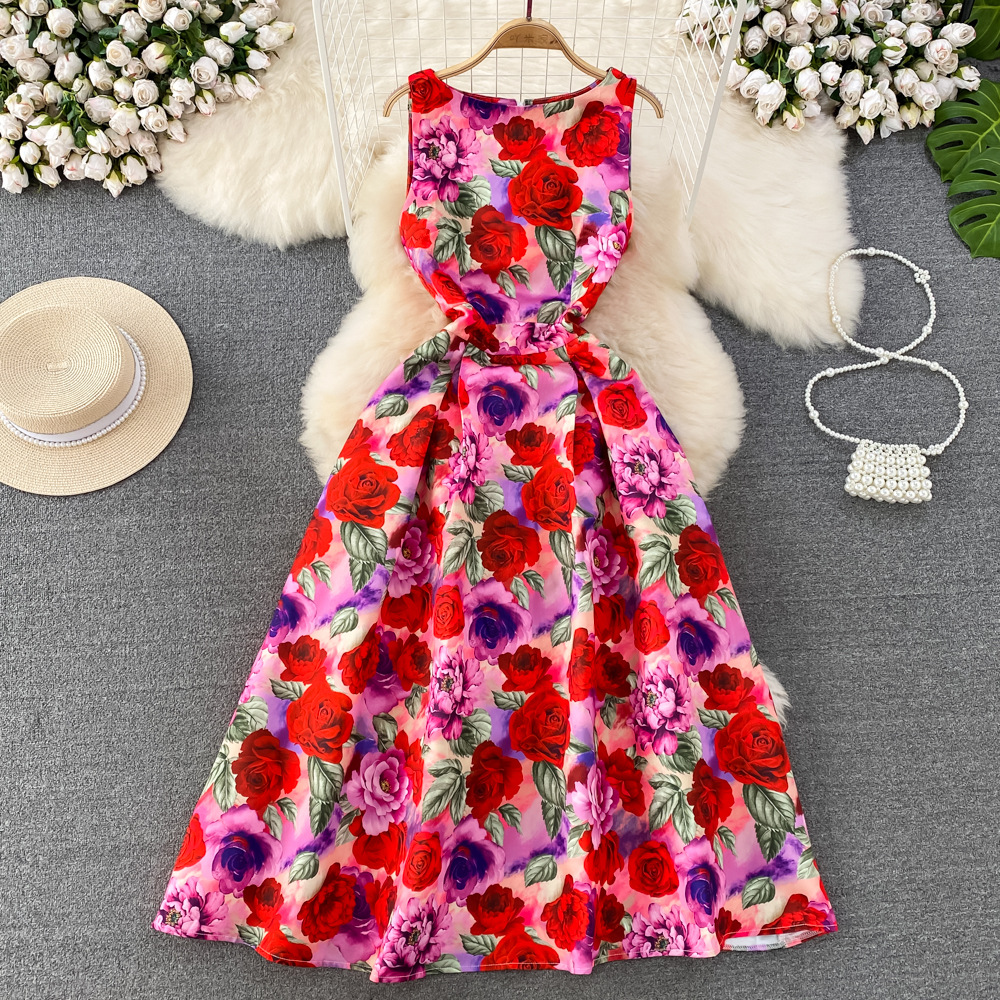 Women Elegant Floral Dress Summer Fashion Round Neck Sleeveless Printed Dresses Vintage Evening Party Dress