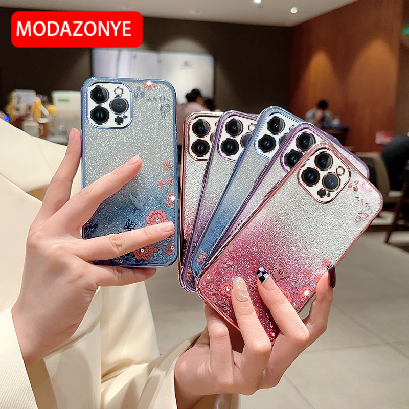 For iPhone 13 Pro Max Phone Case Glitter Bling Flower butterfly Soft Protective Back Cover For iPhone 13 Pro Max Case Girls