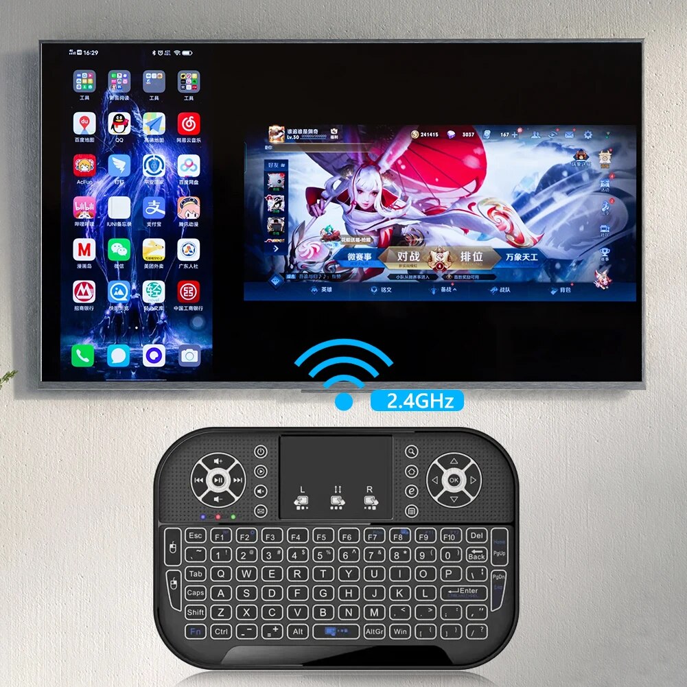 Jomaa Mini 2.4G Bàn phím không dây đèn nền bàn phím bluetooth với bàn di chuột bàn phím bluetooth cho máy tính để bàn Bộ giải mã TV thông minh