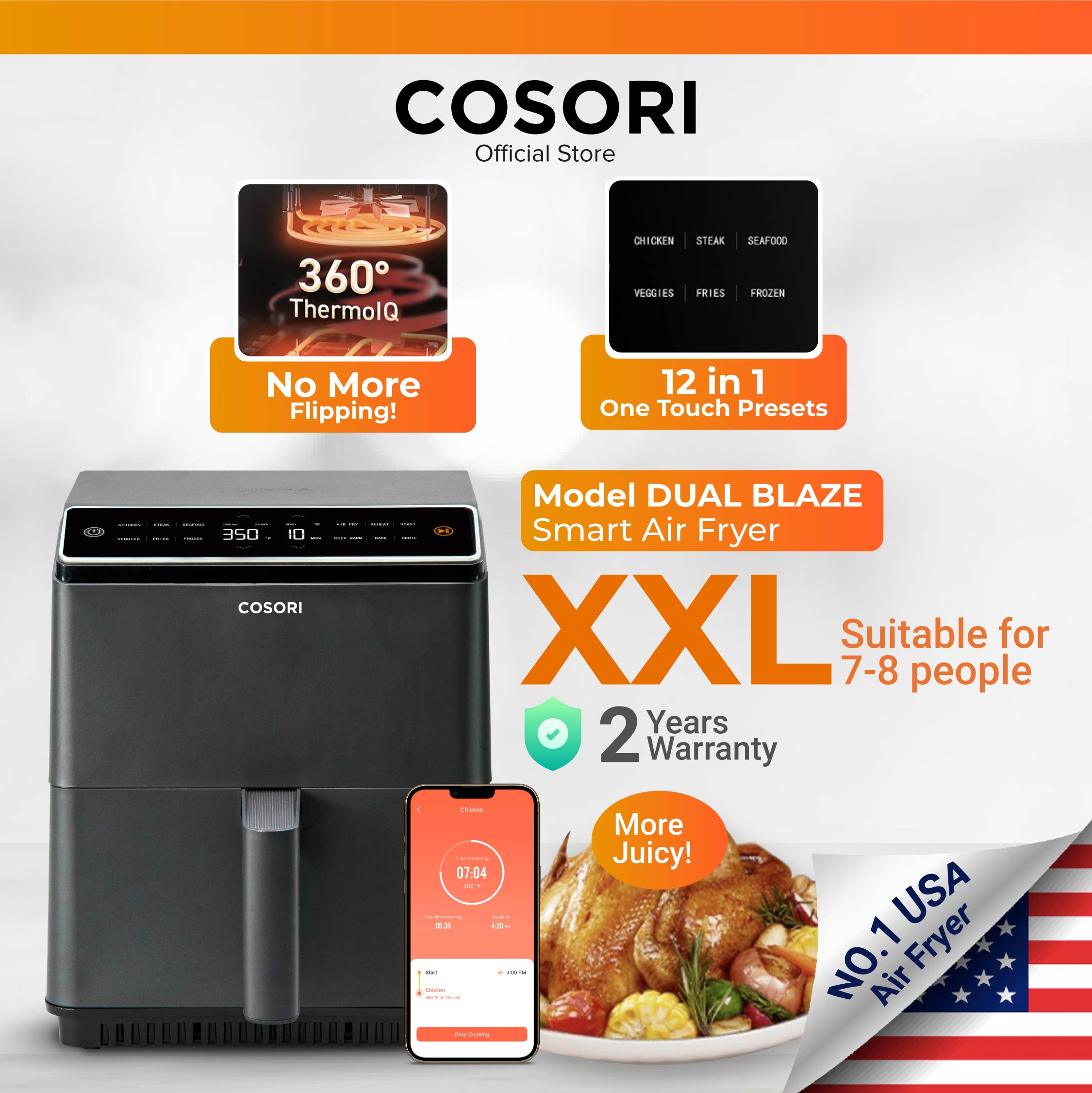 Shop COSORI Smart Air Fryer Oven Dual Blaze 6.4L, Double Heating Elements, No Shaking & No Preheating, APP Control, 12 Functions, Air Fry, Roast, Bake