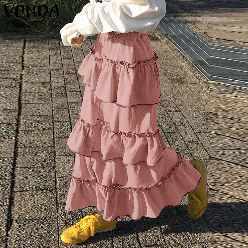 VONDA%20Women's%20Sweet%20Elastic%20Waist%20Multi-layered%20Ruffles%20Overskirts%20Street%20Stylish%20Contrast%20Edge%20Cake%20Skirt%20(Korean%20Causal)%20-%20Image%202