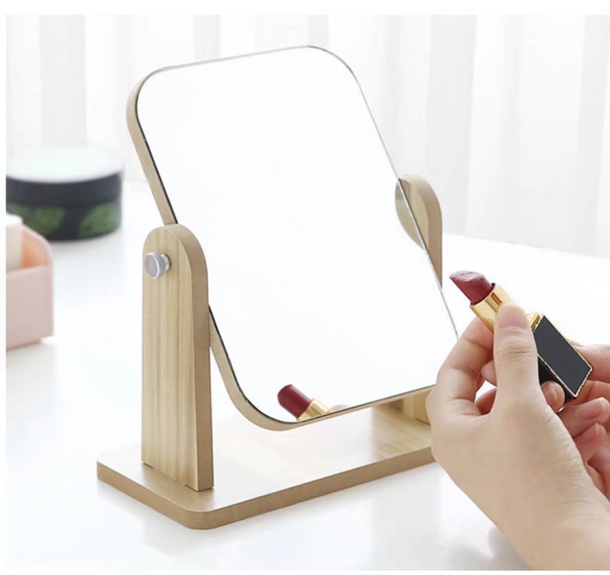 Small Wooden Mirror 360 Degree Portable Adjustable Table Desk Mirror