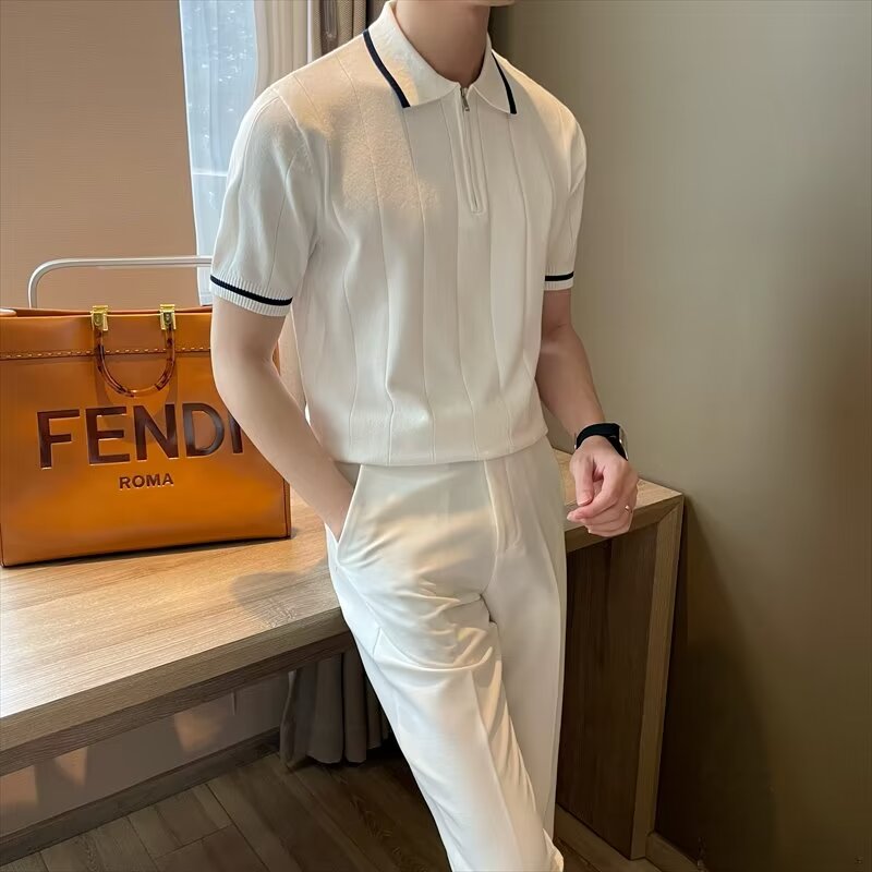 EERSHENSHI Korean style lapel T-shirt thin short sleeve knitwear half zip polo shirt Simple solid color casual business