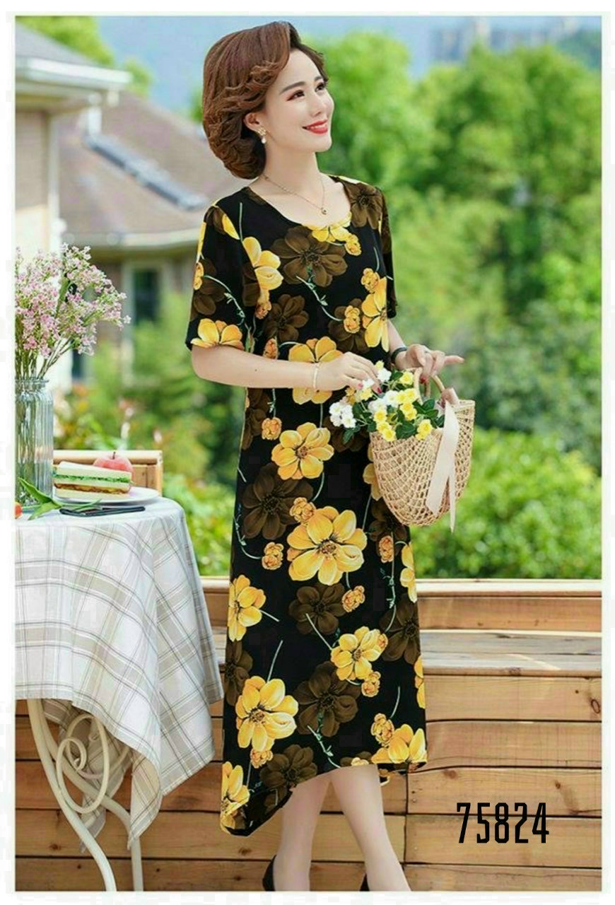 Đầm trung niên lụa hoa có size lớn, qua gối đẹp sang trọng