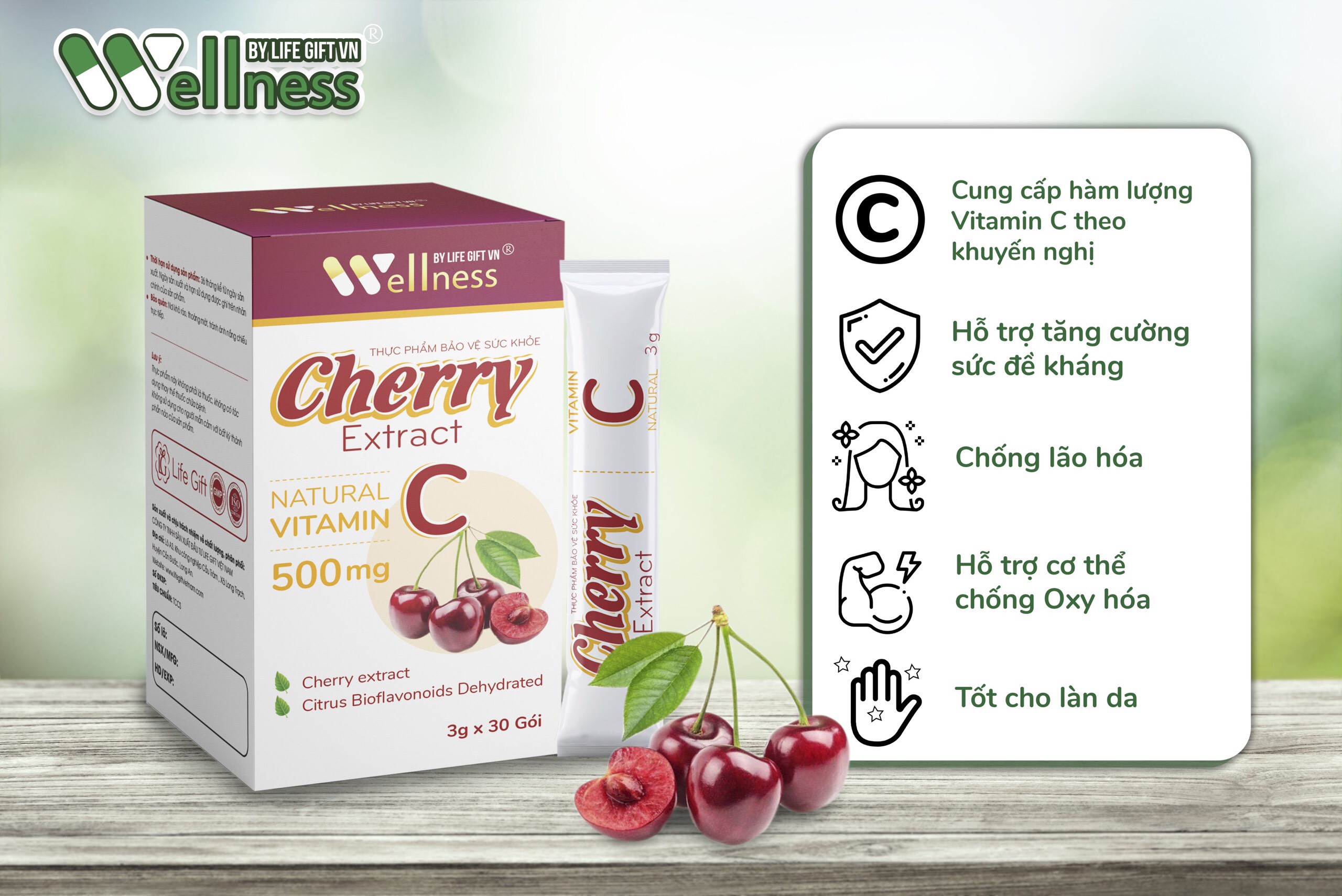Thực phẩm bảo vệ sức khỏe Cherry Extract 30 gói từ Life Gift Vn, Bổ sung Vitamin C, Hỗ trợ tăng cường sức khỏe, nâng cao sức đề kháng