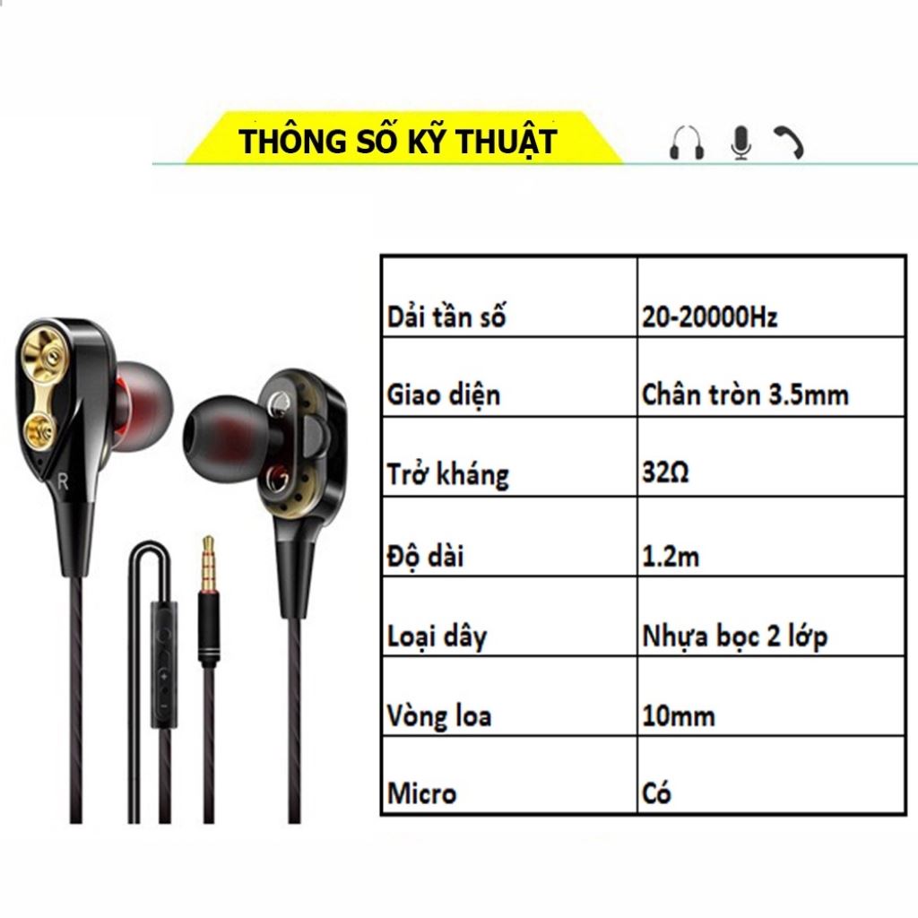 Tai Nghe có dây âm thanh hifi jack 3.5 mic đàm thoại, tai nghe lõi kép nhét tai 4 loa mini, 4 sợi cuốn loa supper bass siêu trầm cực mạnh đa năng đi phượt dùng cho mọi điện thoại giá rẻ 15k