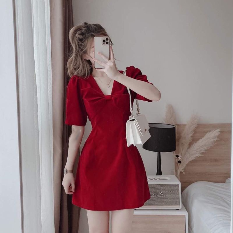Đầm nhung đỏ dạo phố kết nơ ngực cực xinh ngoctranshop - nt8343