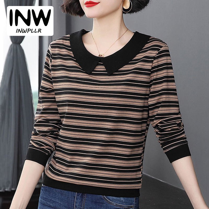INWPLLR Korean Style Women Tshirt Stripe Peter Pan Collar Tops Ladies Casual Fashionable Long Sleeve Top Tee