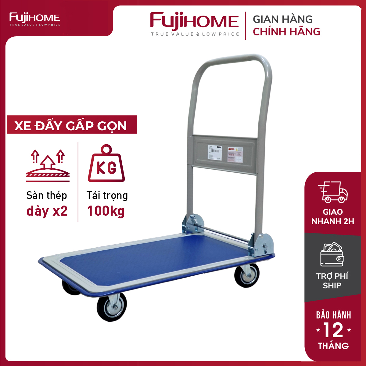 Xe đẩy hàng 4 bánh gấp gọn 100kg Nhập Khẩu CN Nhật Bản Fujihome SH150, bánh cao su siêu bền chống ồn, xe kéo hàng sàn thép gấp gọn đa năng xếp gọn - Bảo hành 1 năm