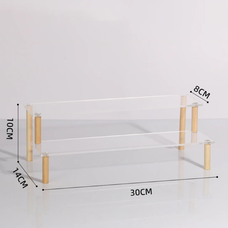 Kệ Mica chân gỗ trưng bày mô hình sản phẩm, nước hoa, bánh