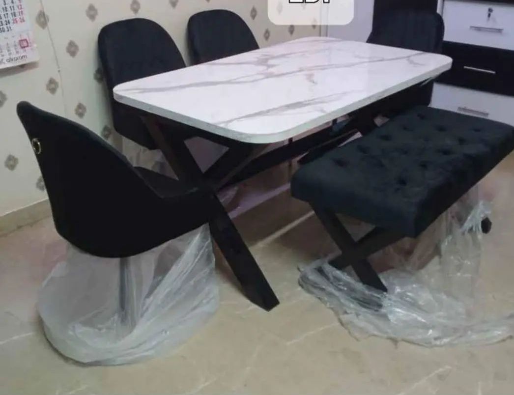4 seater dining table set, dining chairs set, marble table top, wooden