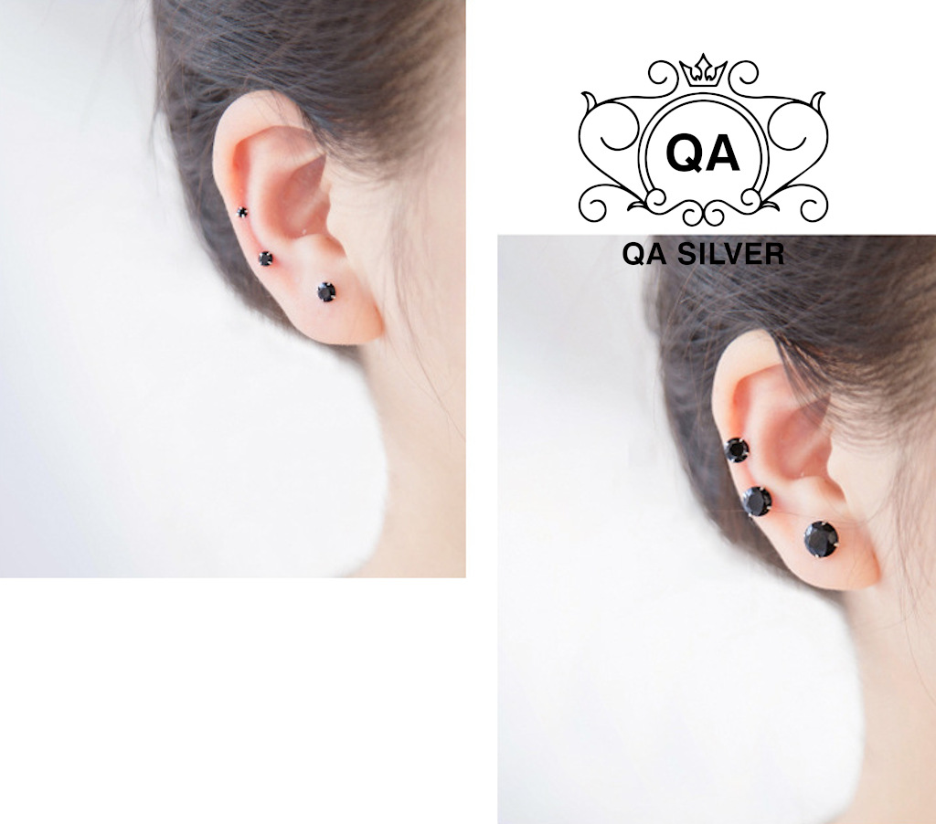Bông tai bạc 925 đính đá đen trắng chấu khuyên nụ trơn nam nữ S925 BASIC QA SILVER Earrings EA170801