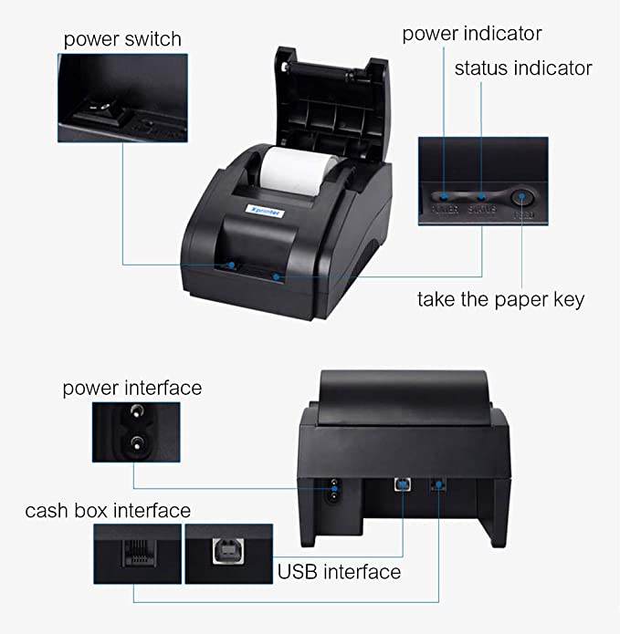 Receipt Printer K57 Xprinter Xp-58Iih USB Port + Bluetooth Prints Sales Bills on Phones and Computers (Comes with 5 Rolls of K57 X45 Thermal Paper)