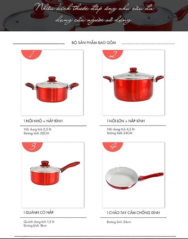[HCM]BỘ 4 NỒI CHẢO CERAMIC ĐÁY TỪ - Đồ Dùng Nhà Bếp