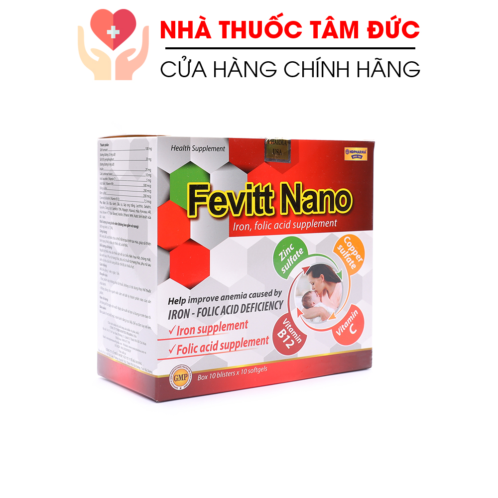 Viên uống bổ máu Fevitt Nano bổ sung Sắt, Acid Folic cho người thiếu máu - Hộp 100 viên dùng 100 ngày