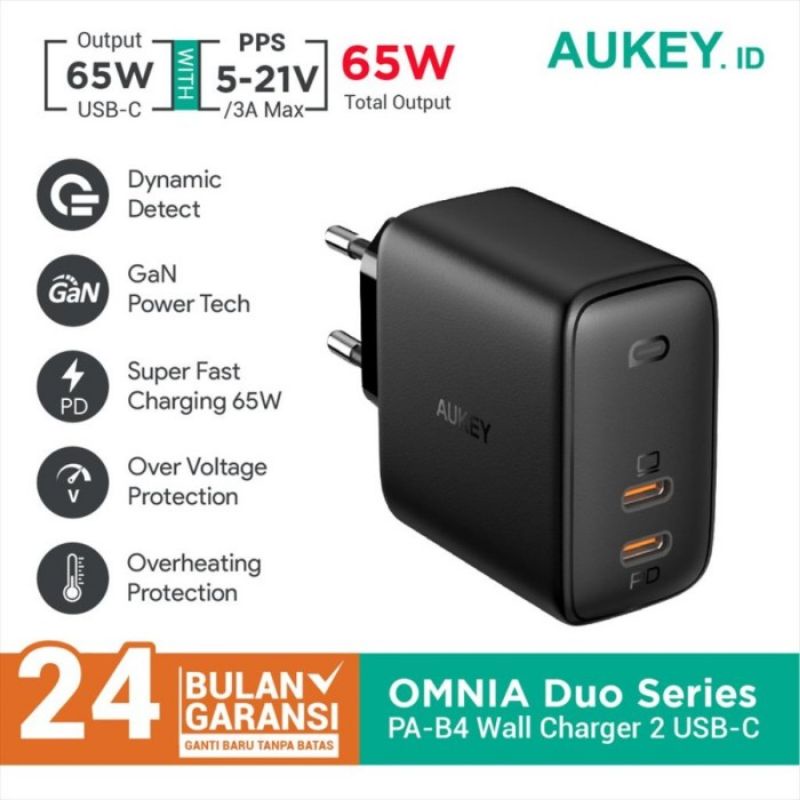 Aukey Charger 65 Watt Dual Port Power Delivery PA-B4 Omnia Duo 65w