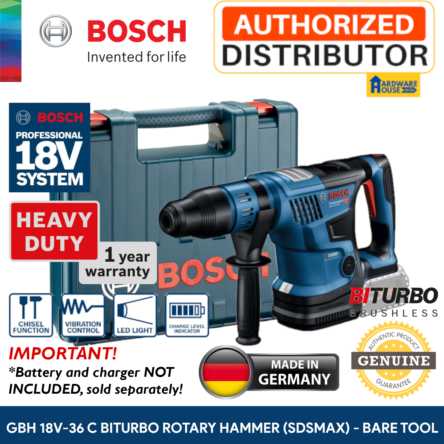 ORIGINAL Bosch 18V BITURBO Brushless Rotary Hammer Drill GBH 18V-36 C ...