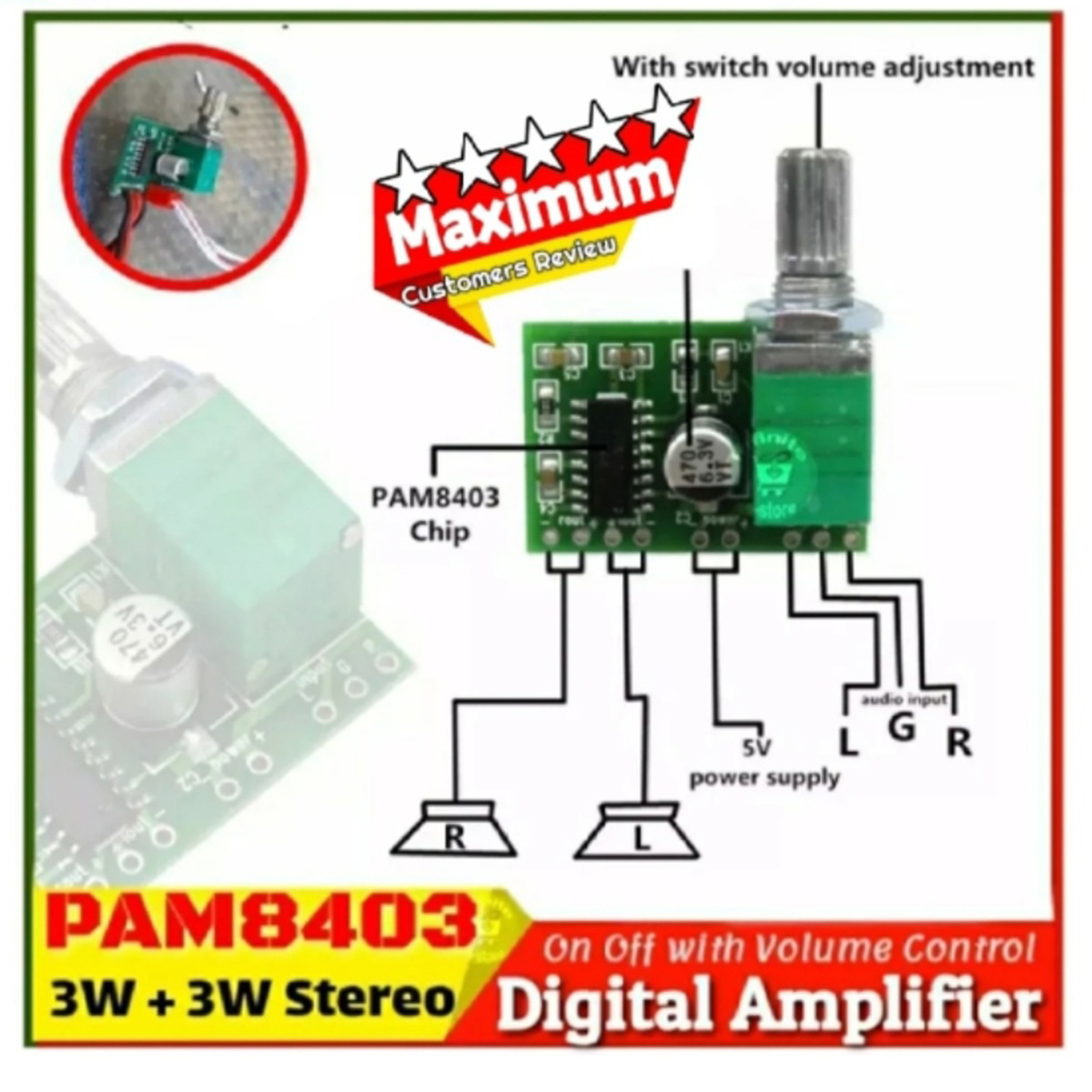 PAM8403 with Volume Control Audio Amplifier 3W Stereo Class D by Power Flash