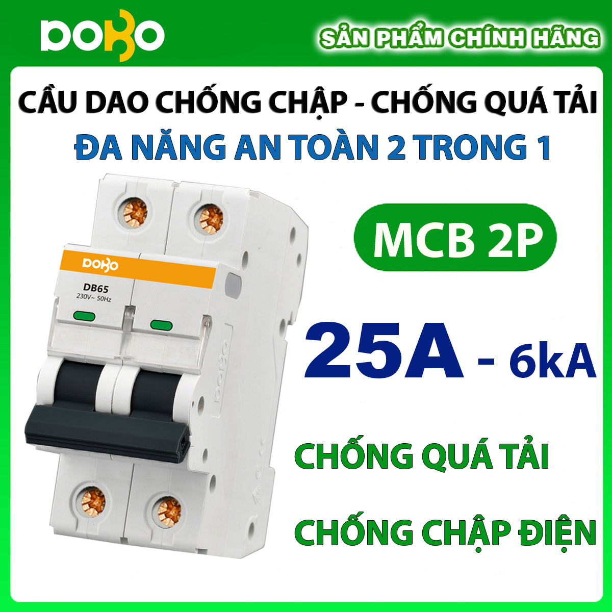 Cầu dao tự động mcb dobo korea 2p 25a 6ka loại tốt chống chập - chống quá tải siêu nhạy