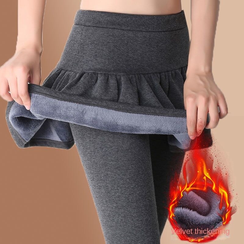 High Waisted Plush and Thickened Fake Two-piece Patchwork Leggings for Women with Skirt for Slimming and Warmth Keeping