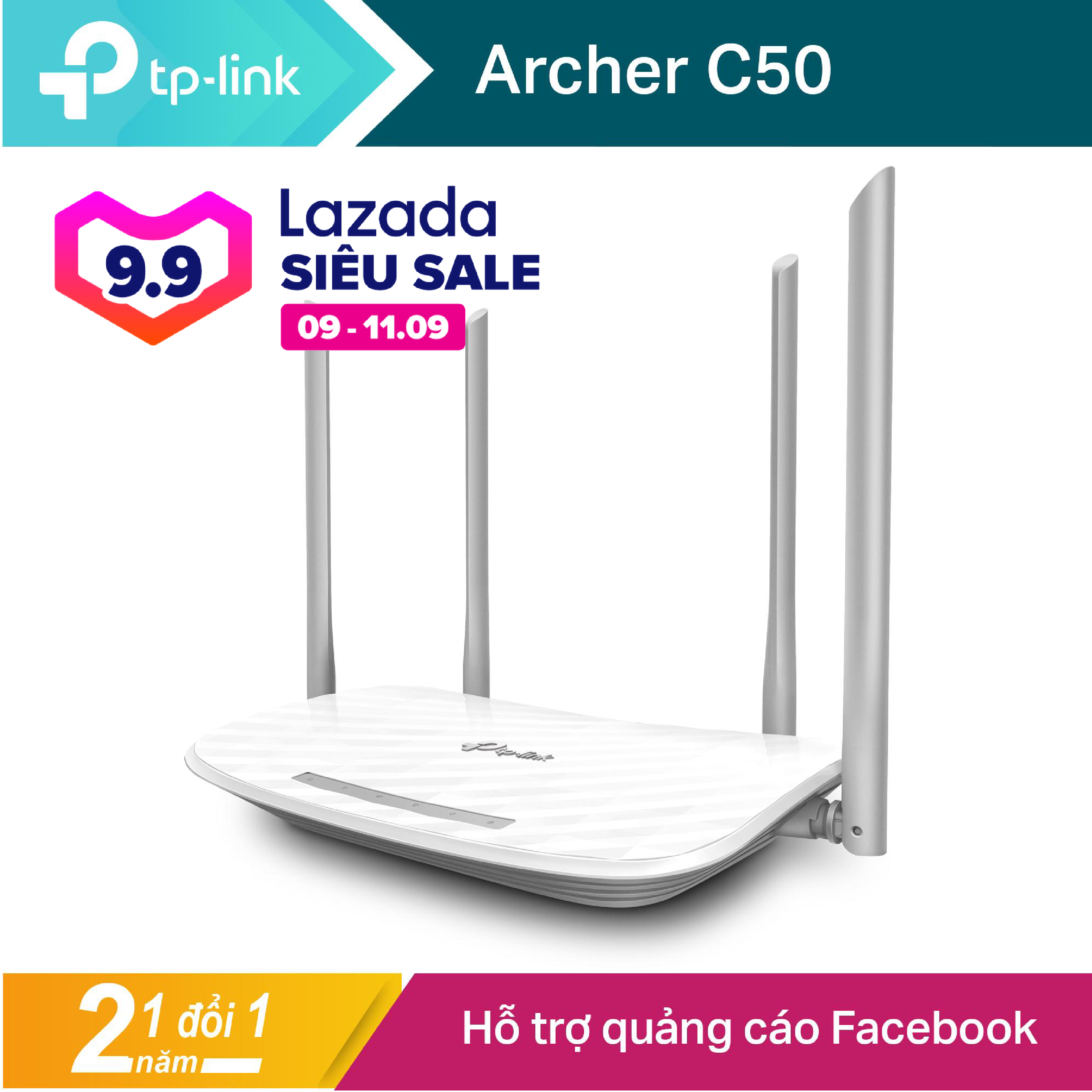 Bộ phát wifi tp-link archer c50 - router wifi băng tần kép ac1200 mbps, 4 ăng ten phủ sóng sieu rộng.