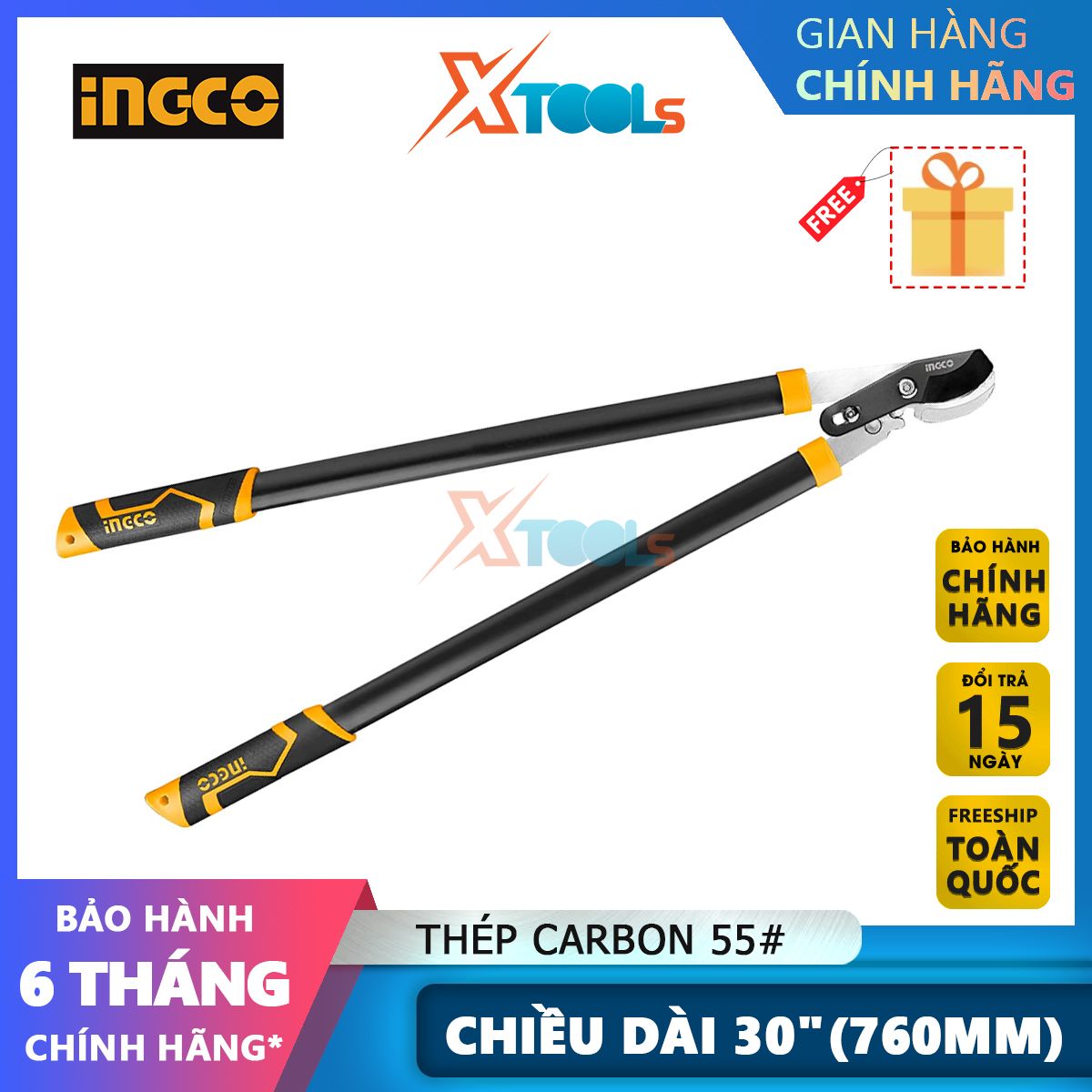 Kéo cắt cành cộng lực Ingco HLT7608 760mm, thép carbon xử lý nhiệt, sơn chống gỉ, kìm cắt cành cộng lựcxtools
