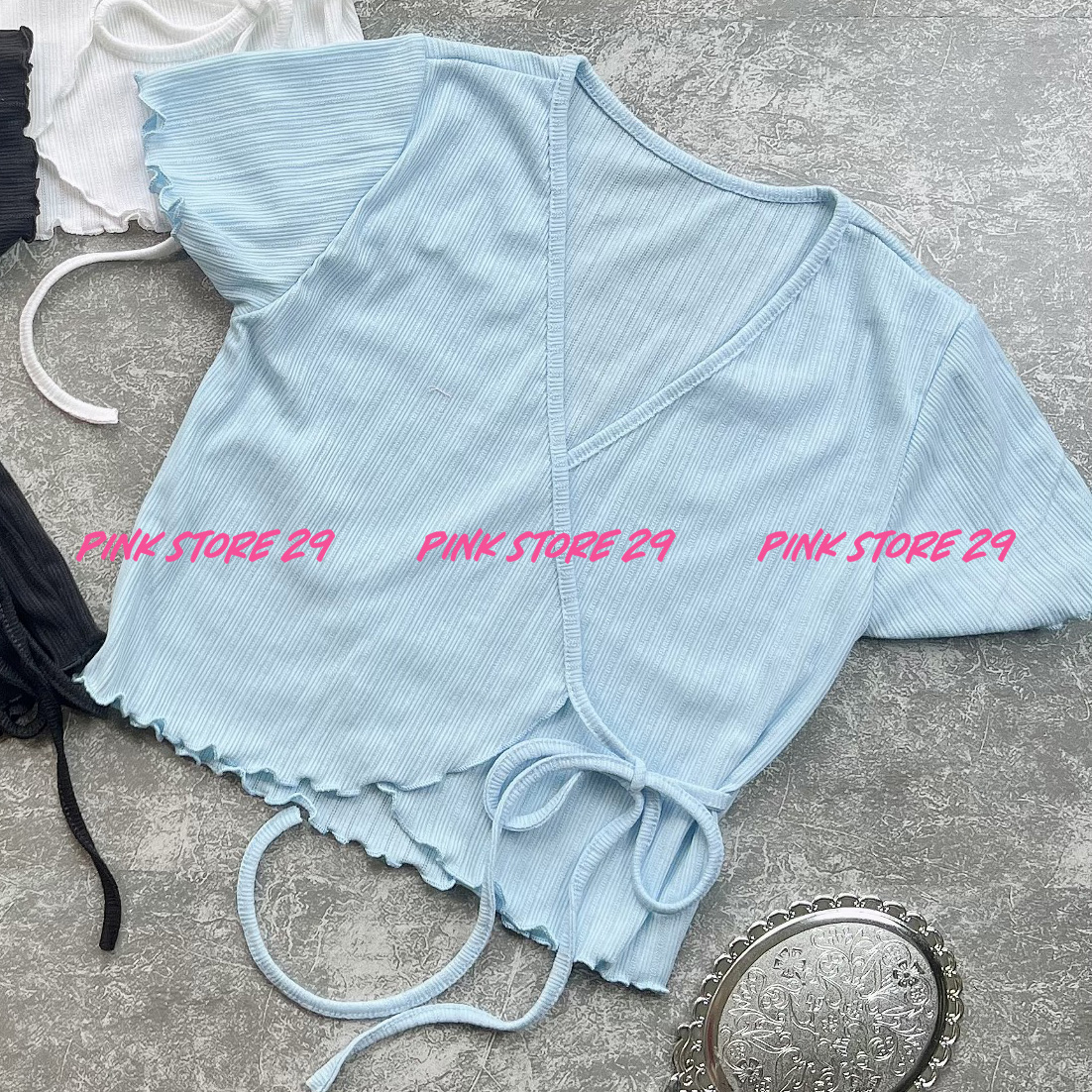 Áo croptop thun gân đắp chéo cột eo A5045