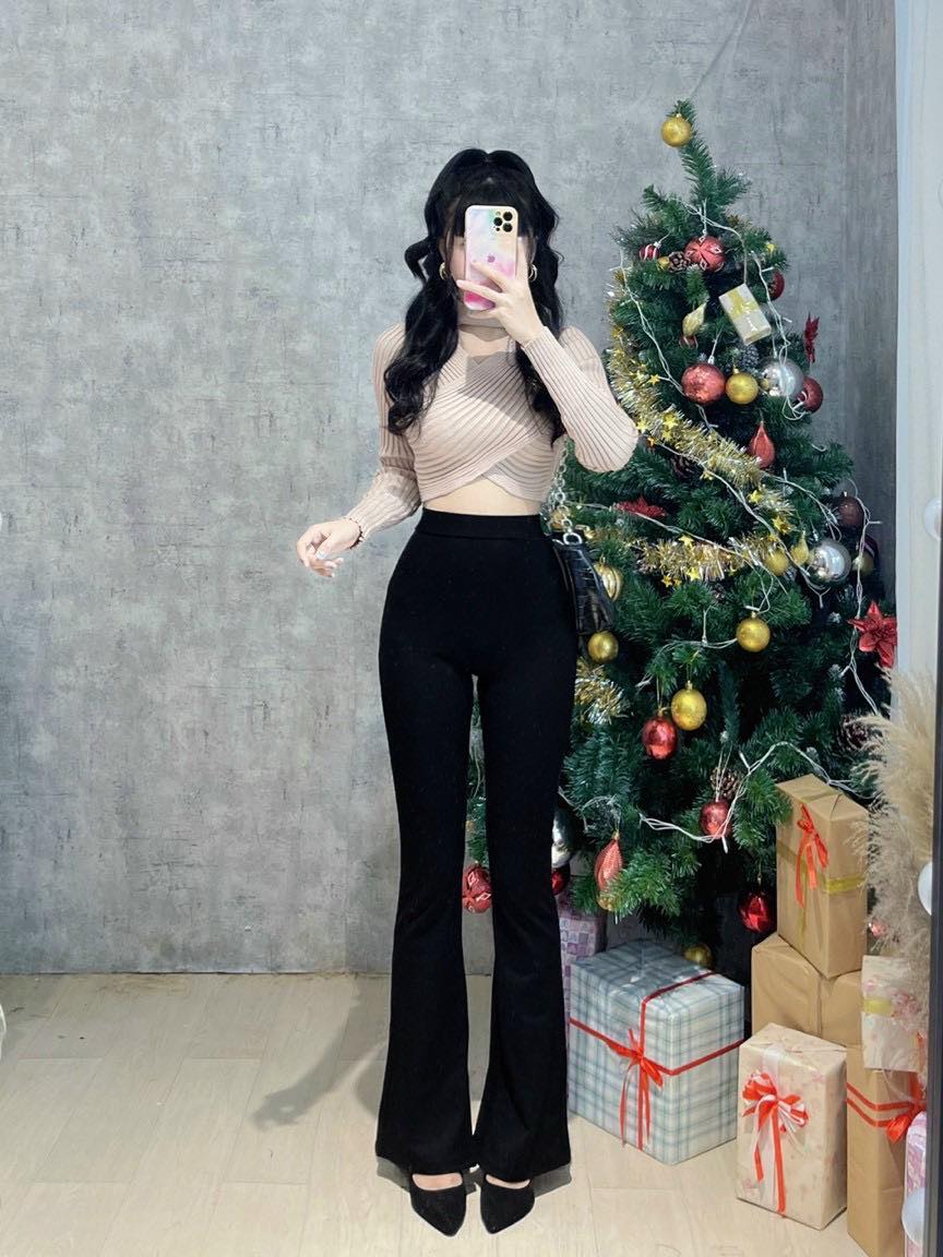 Quần ống loe legging cạp cao dáng dài vải co giãn