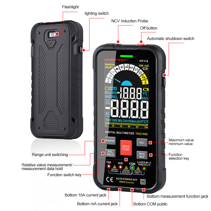 HT116 Digital Multimeter DC AC Current Meter Volmeter Resistance Capacitance Frequency Tester True RMS Temperature Measurement